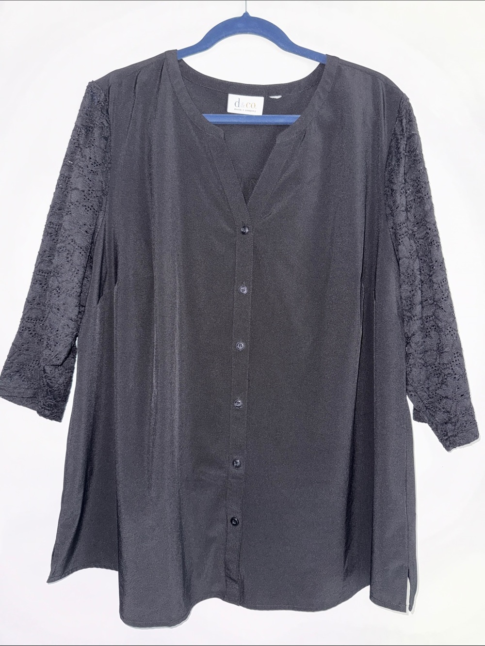 d.co Black Lace-Sleeve Button Down Blouse